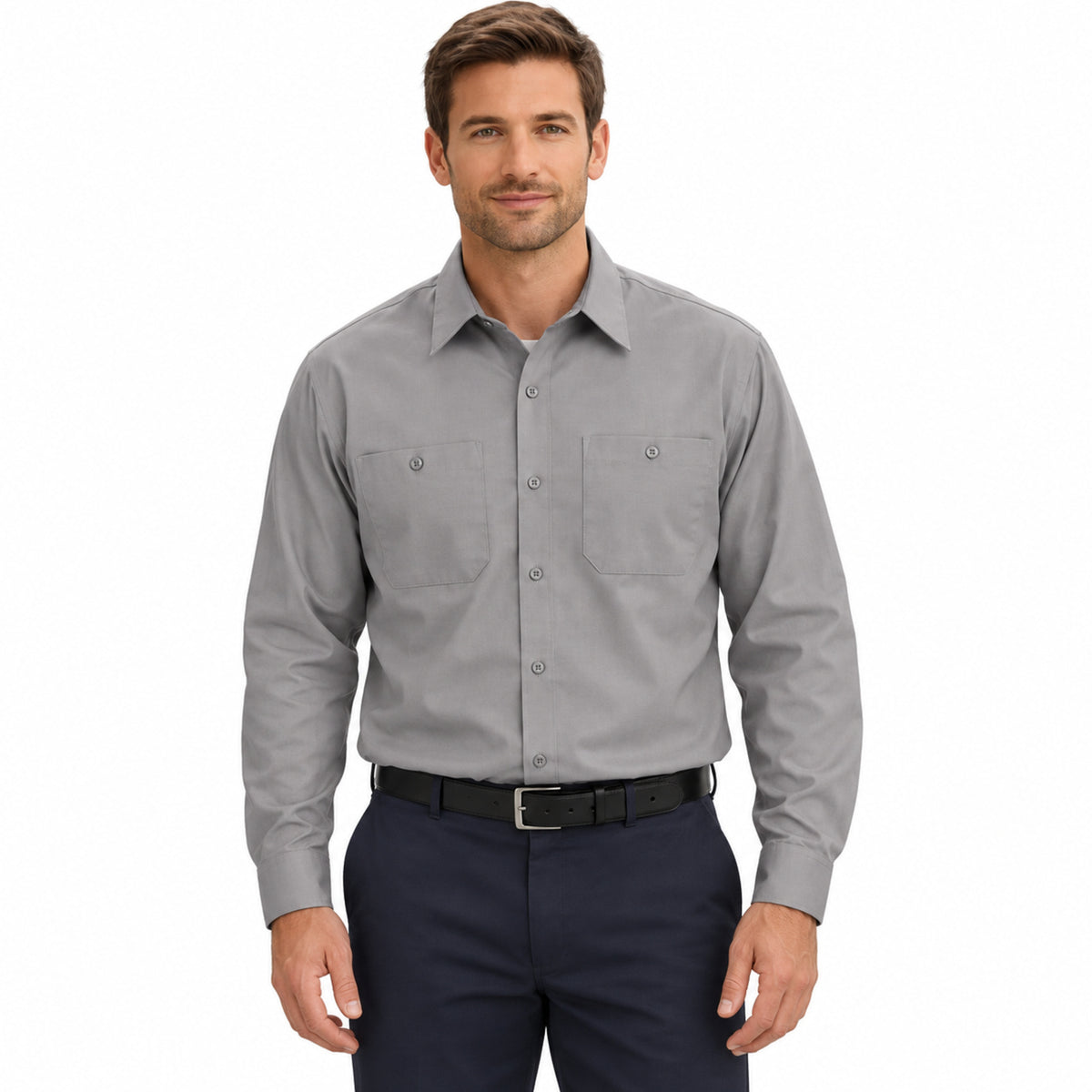Camisa de trabajo Red Kap SP14 para hombre color gris claro, vista frontal fajada | color:gris-claro