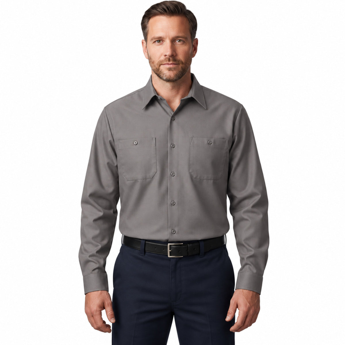 Camisa de trabajo Red Kap SP14 para hombre color gris, vista frontal fajada | color:gris