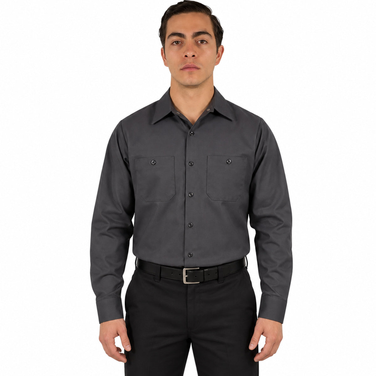 Camisa de trabajo Red Kap SP14 para hombre color gris Oxford, vista frontal fajada | color:gris-oxford
