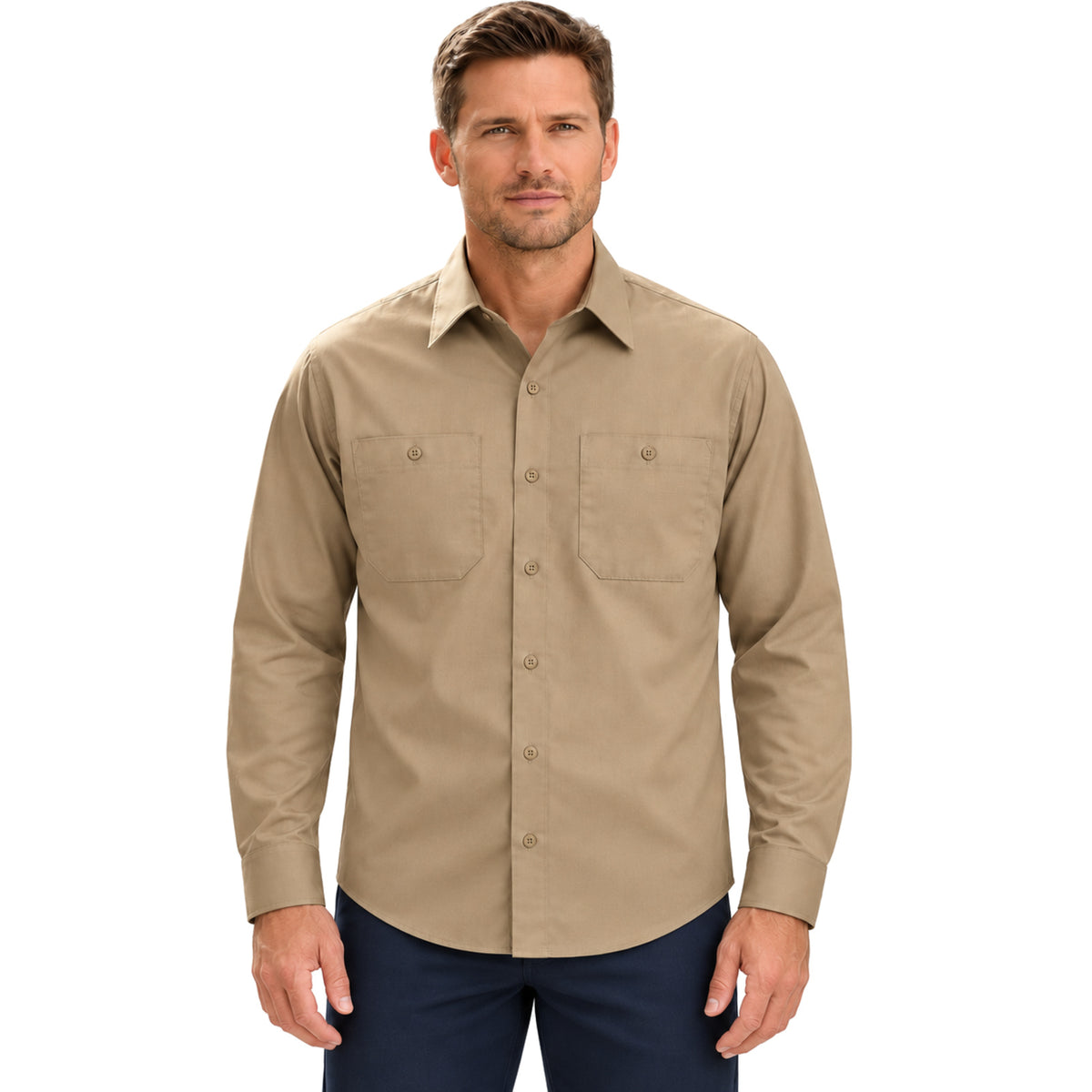Camisa de trabajo Red Kap SP14 para hombre color khaki, vista frontal desfajada | color:khaki