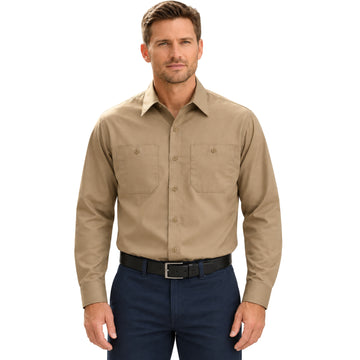 Camisa de trabajo Red Kap SP14 para hombre color khaki, vista frontal fajada | color:khaki