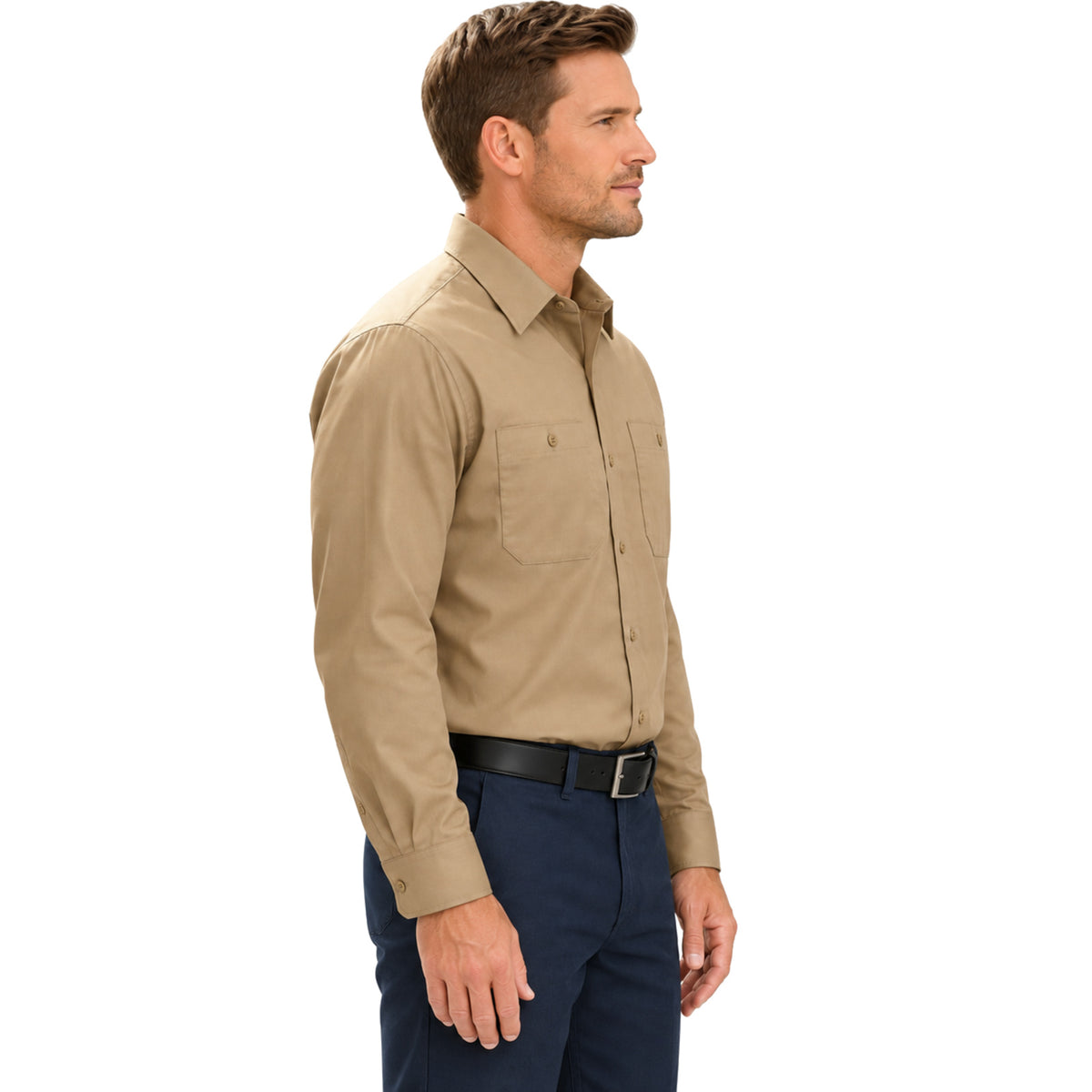 Camisa de trabajo Red Kap SP14 para hombre color khaki, perfil derecho fajada | color:khaki