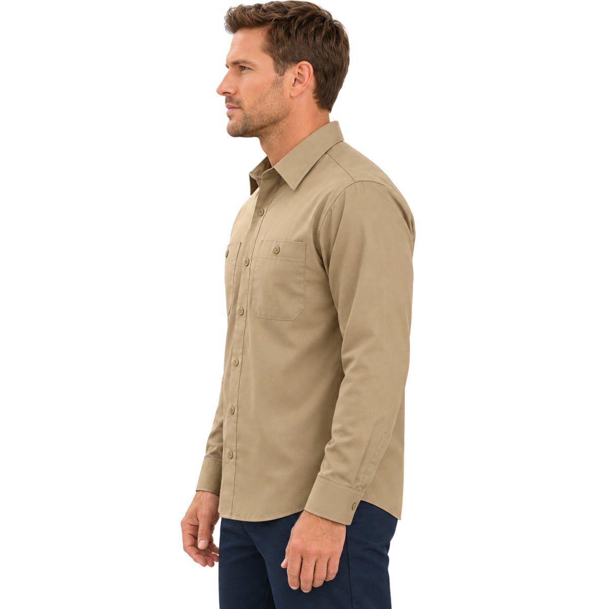 Camisa de trabajo Red Kap SP14 para hombre color khaki, perfil izquierdo desfajada | color:khaki