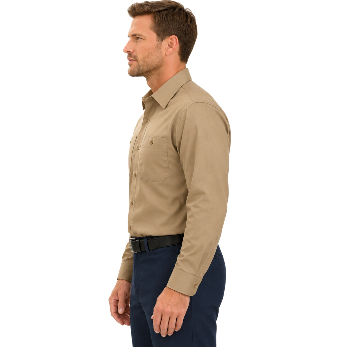 Camisa de trabajo Red Kap SP14 para hombre color khaki, perfil izquierdo fajada | color:khaki