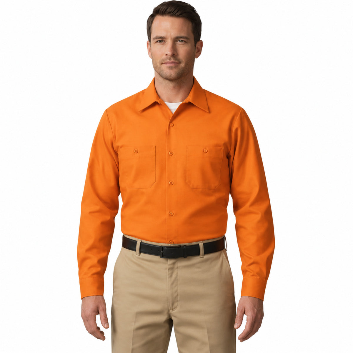 Camisa de trabajo Red Kap SP14 para hombre color naranja, vista frontal fajada | color:naranja