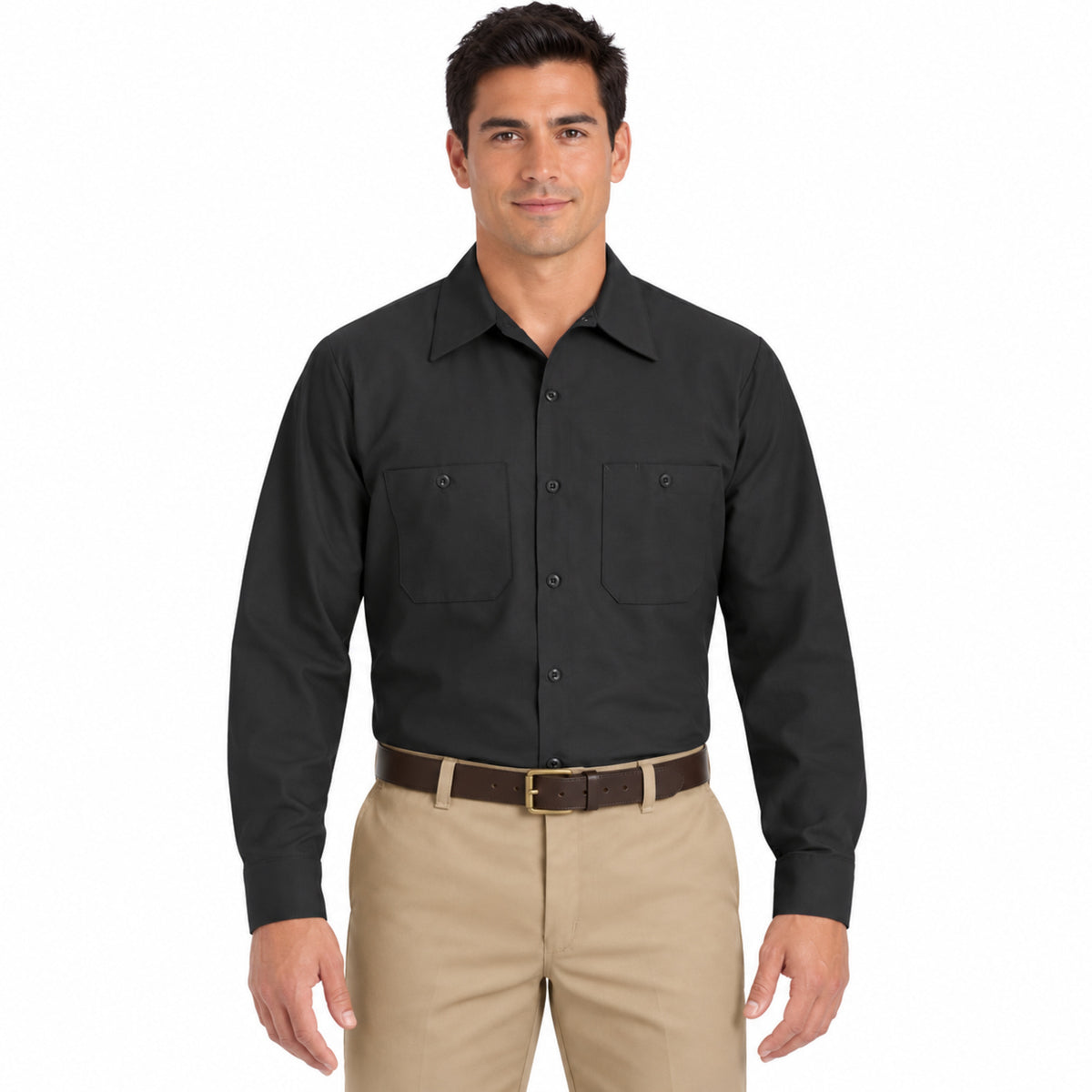 Camisa de trabajo Red Kap SP14 para hombre color negra, vista frontal fajada | color:negra