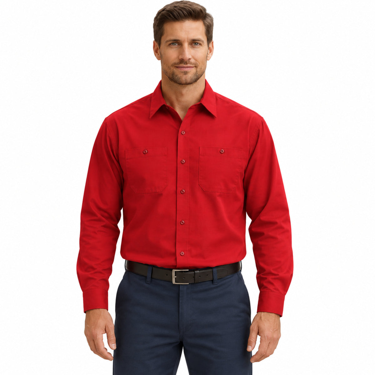 Camisa de trabajo Red Kap SP14 para hombre color roja, vista frontal fajada | color:roja