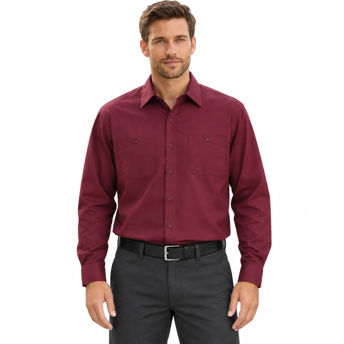Camisa de trabajo Red Kap SP14 para hombre color vino, vista frontal fajada | color:vino