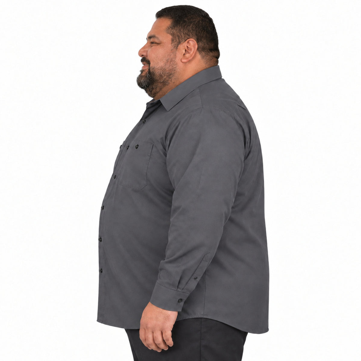 Camisa de trabajo Red Kap SP14 para hombre talla extra gris Oxford, perfil izquierdo desfajada | color:gris-oxford