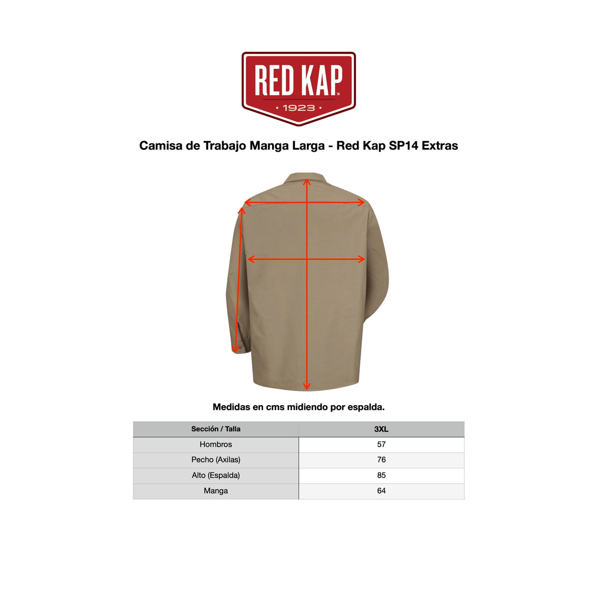 Guía de medidas de camisa de trabajo Red Kap SP14 para hombre talla extra | color:todos
