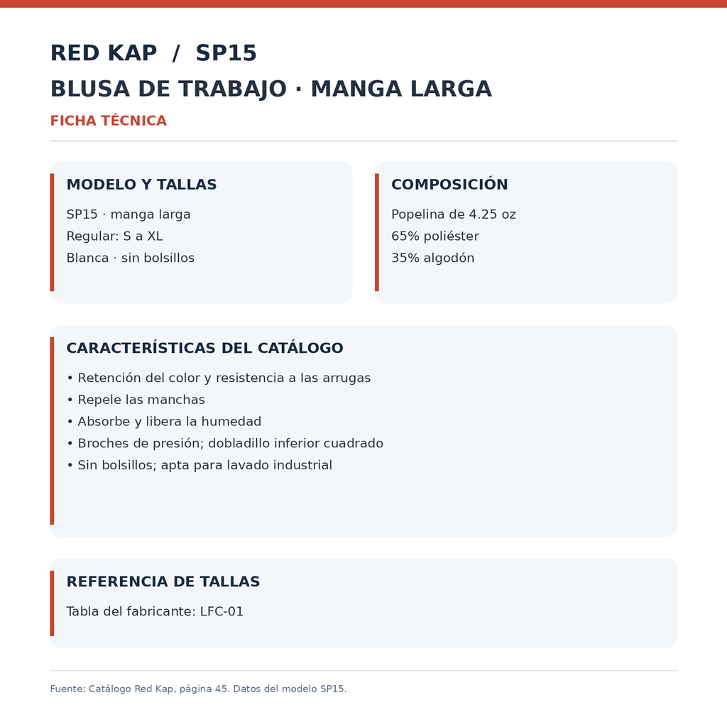 Ficha técnica de la blusa de trabajo Red Kap SP15 para mujer