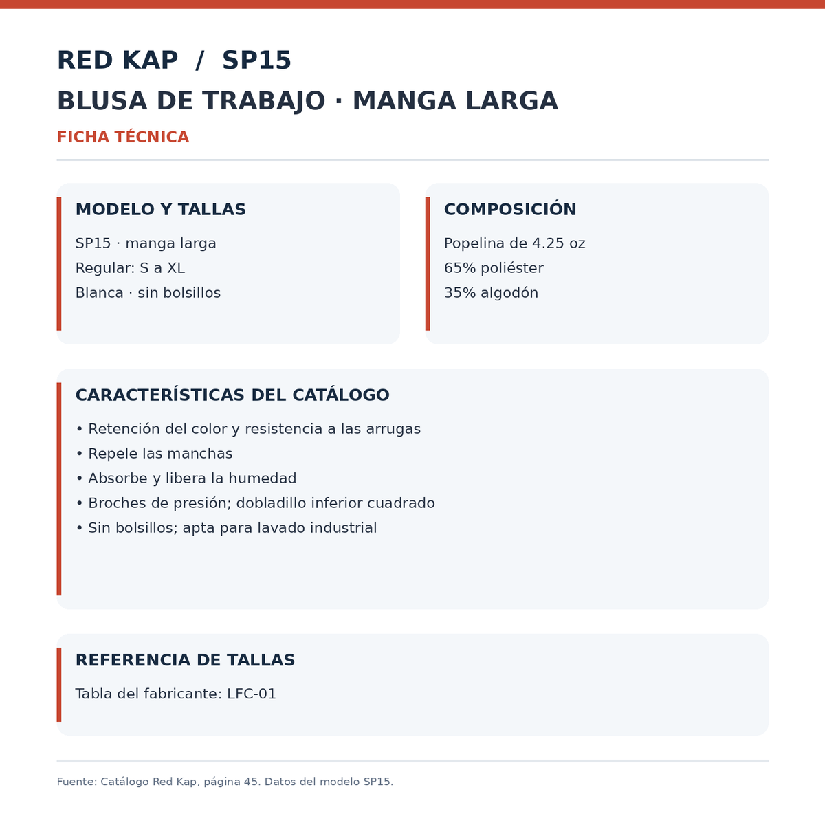 Ficha técnica de la blusa de trabajo Red Kap SP15 para mujer | color:todos