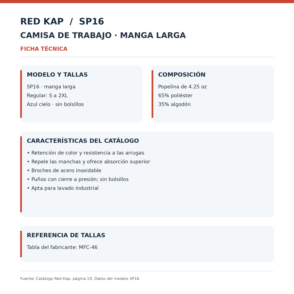 Ficha técnica de la camisa Red Kap SP16 para hombre