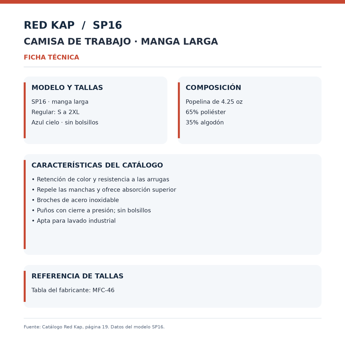Ficha técnica de la camisa Red Kap SP16 para hombre | color:todos