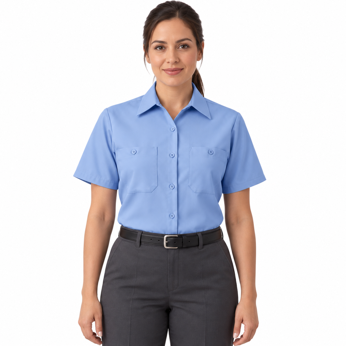 Blusa de trabajo Red Kap SP23 para mujer azul cielo, frontal fajada | color:azul-cielo