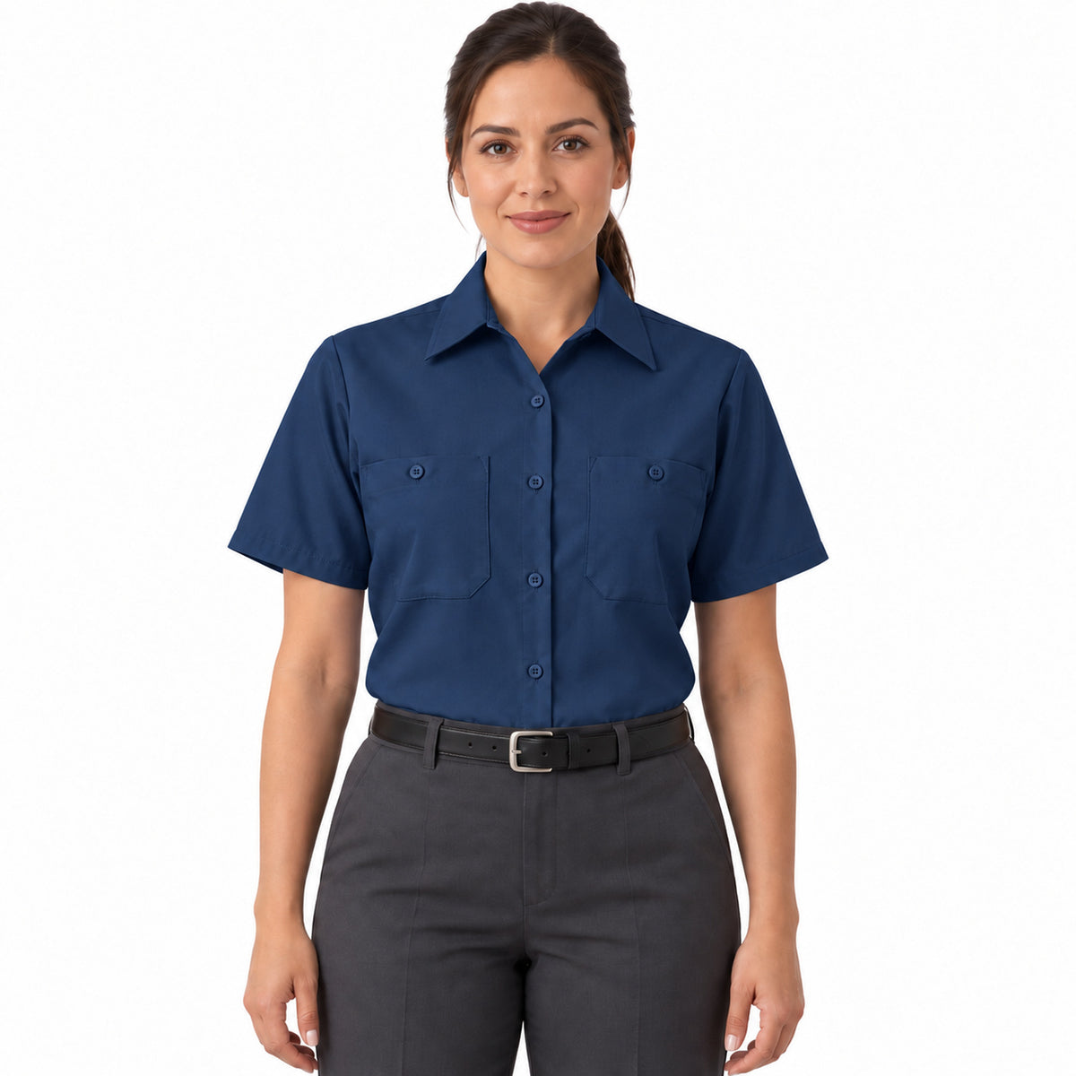 Blusa de trabajo Red Kap SP23 para mujer azul marino, frontal fajada | color:azul-marino