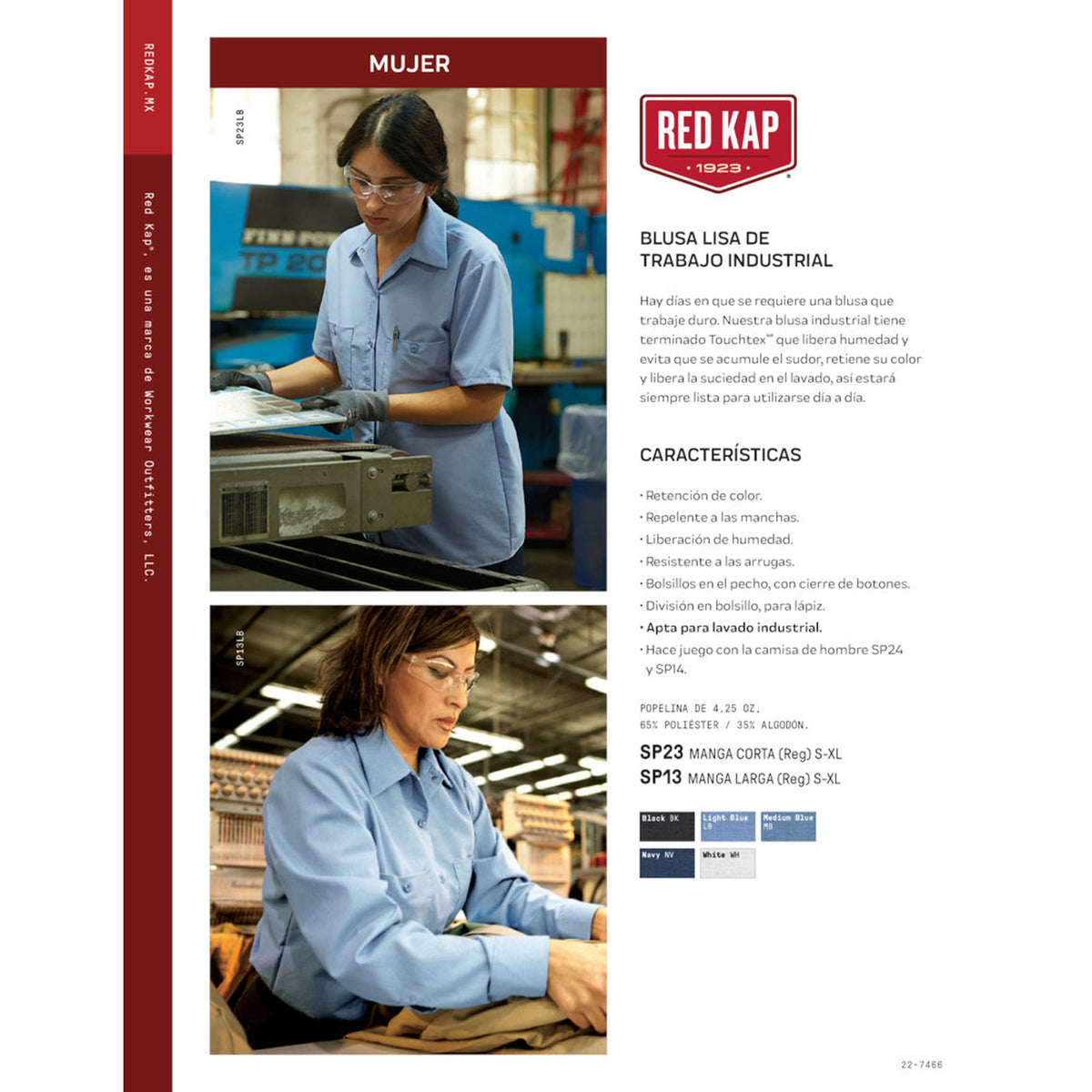 Ficha técnica de blusa de trabajo industrial Red Kap SP23 para mujer | color:todos