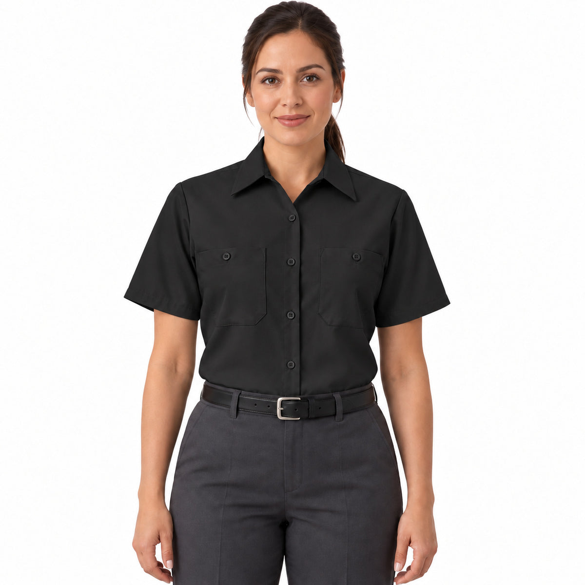 Blusa de trabajo Red Kap SP23 para mujer negra, frontal fajada | color:negra