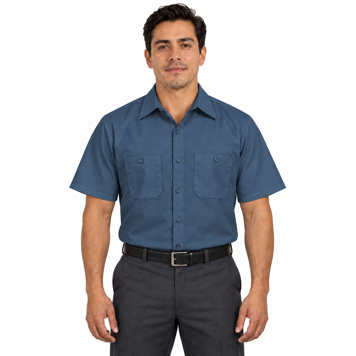 Camisa de trabajo Red Kap SP24 para hombre azul acero, frontal fajada | color:azul-acero