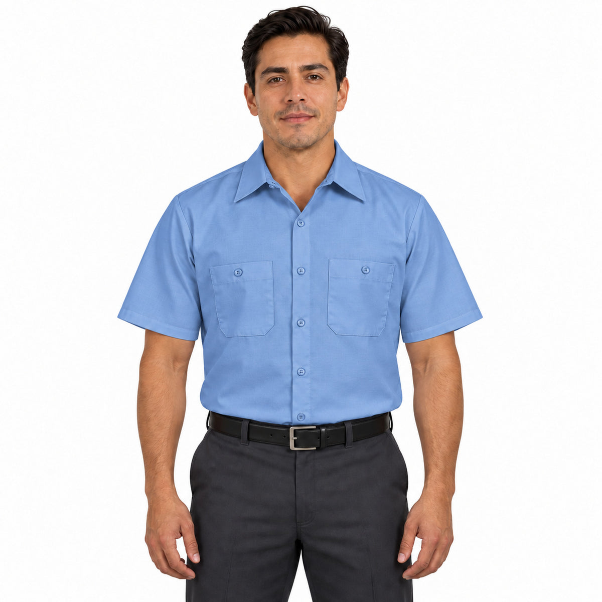 Camisa de trabajo Red Kap SP24 para hombre azul claro, frontal fajada | color:azul-claro