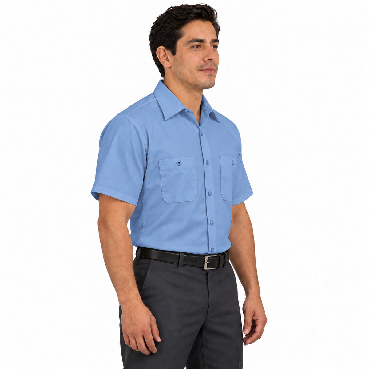 Camisa de trabajo Red Kap SP24 para hombre azul claro, perfil derecho fajada | color:azul-claro