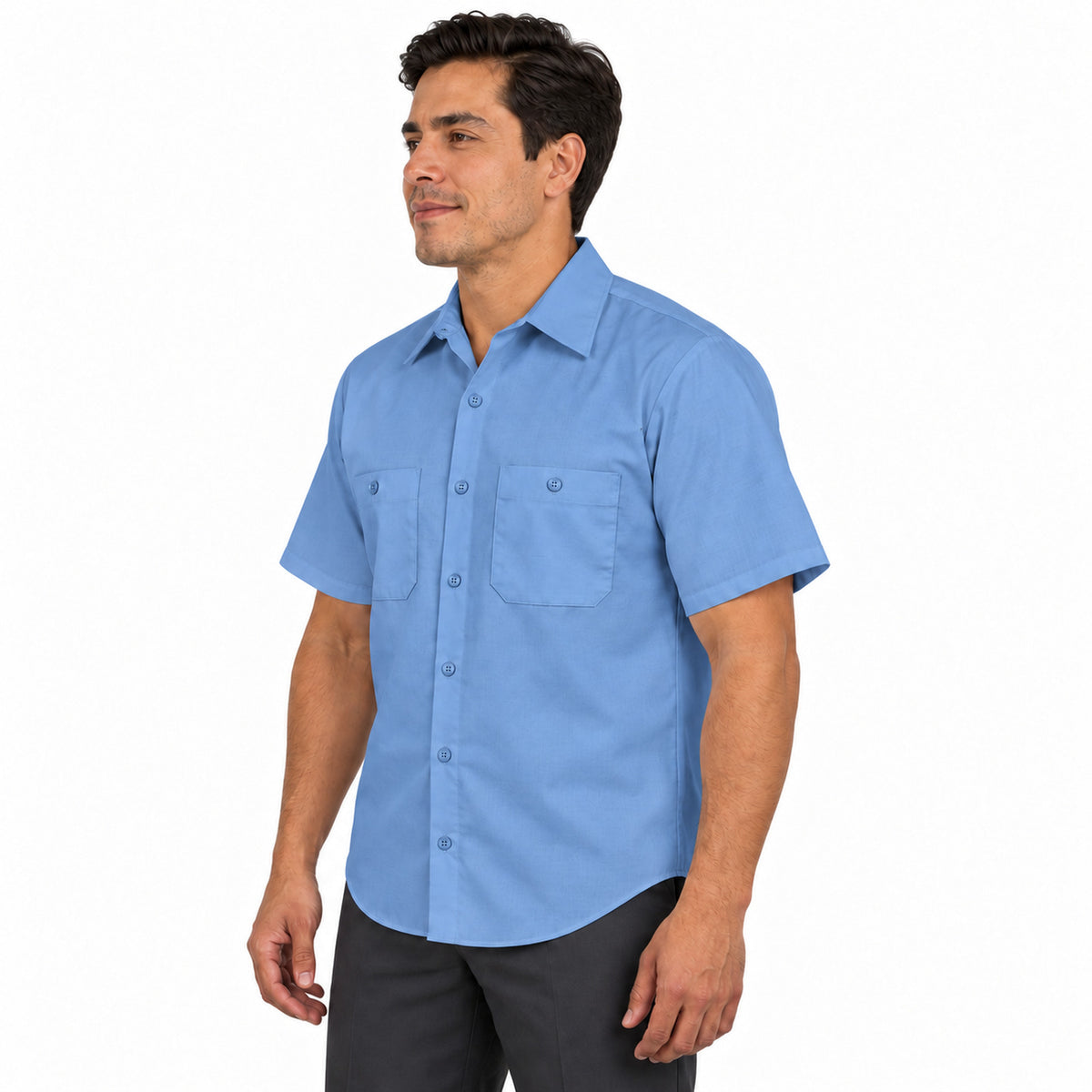 Camisa de trabajo Red Kap SP24 para hombre azul claro, perfil izquierdo desfajada | color:azul-claro