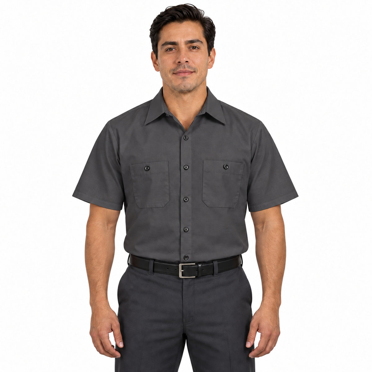 Camisa de trabajo Red Kap SP24 para hombre gris oxford, frontal fajada | color:gris-oxford