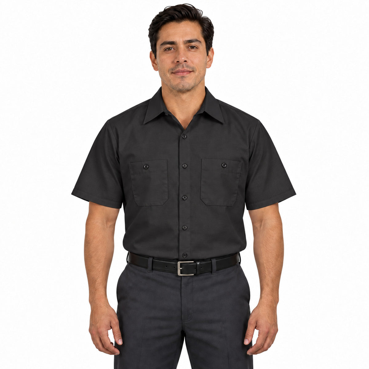 Camisa de trabajo Red Kap SP24 para hombre negra, frontal fajada | color:negra