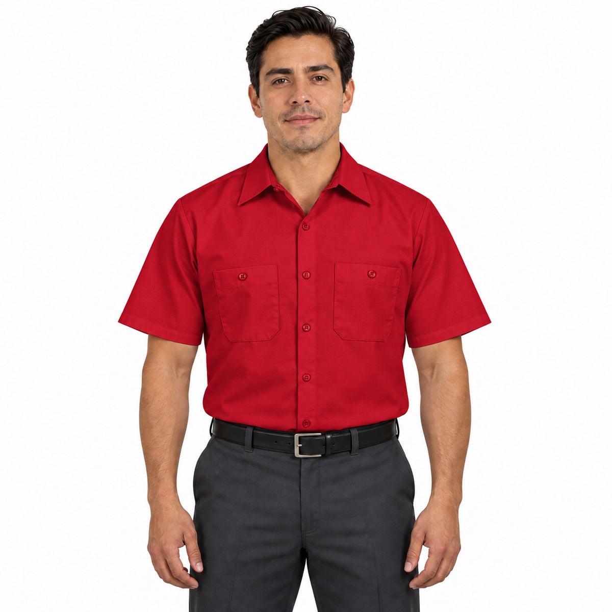Camisa de trabajo Red Kap SP24 para hombre roja, frontal fajada | color:roja