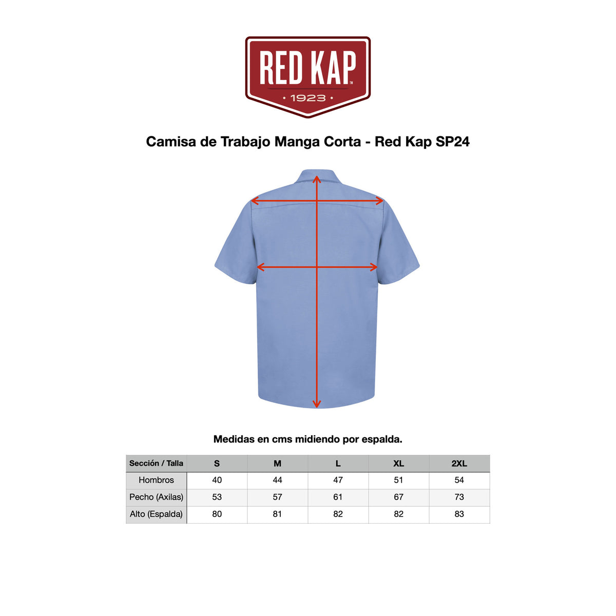 Tabla de medidas en centímetros de camisa Red Kap SP24 S a 2XL | color:todos