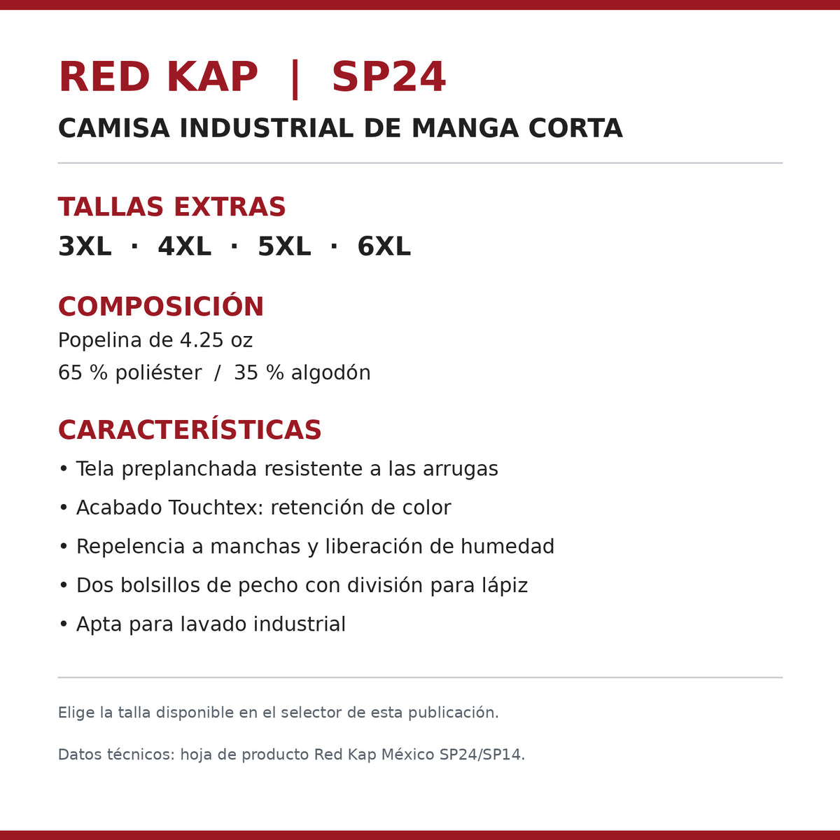 Ficha técnica de camisa industrial Red Kap SP24 para hombre en tallas extra 3XL a 6XL | color:todos
