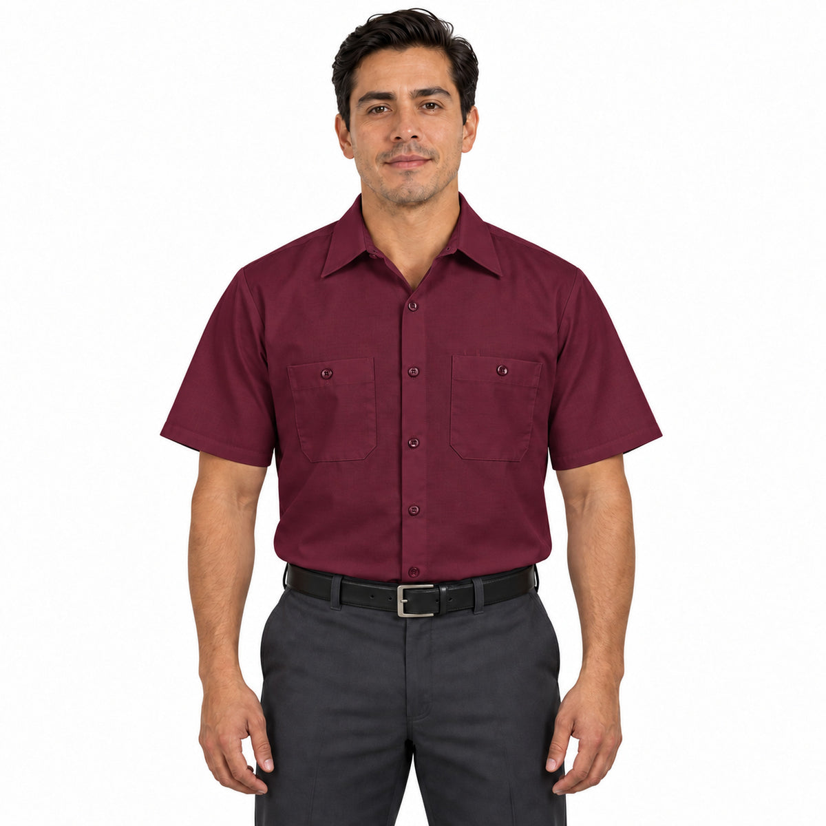 Camisa de trabajo Red Kap SP24 para hombre vino, frontal fajada | color:vino