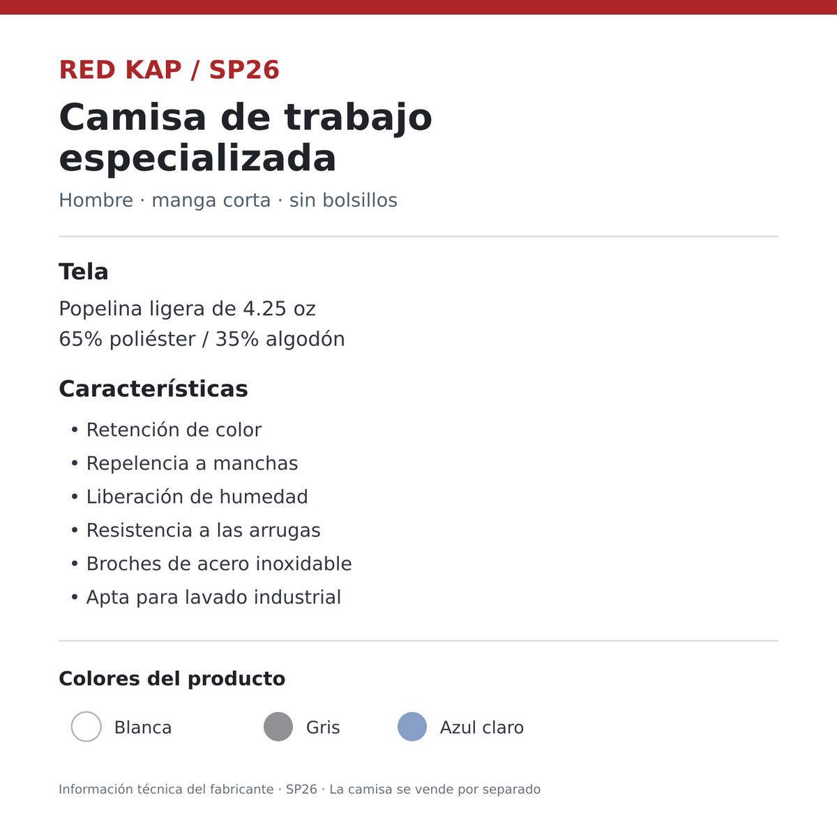 Ficha técnica de camisa de trabajo Red Kap SP26 para hombre: composición y características | color:todos