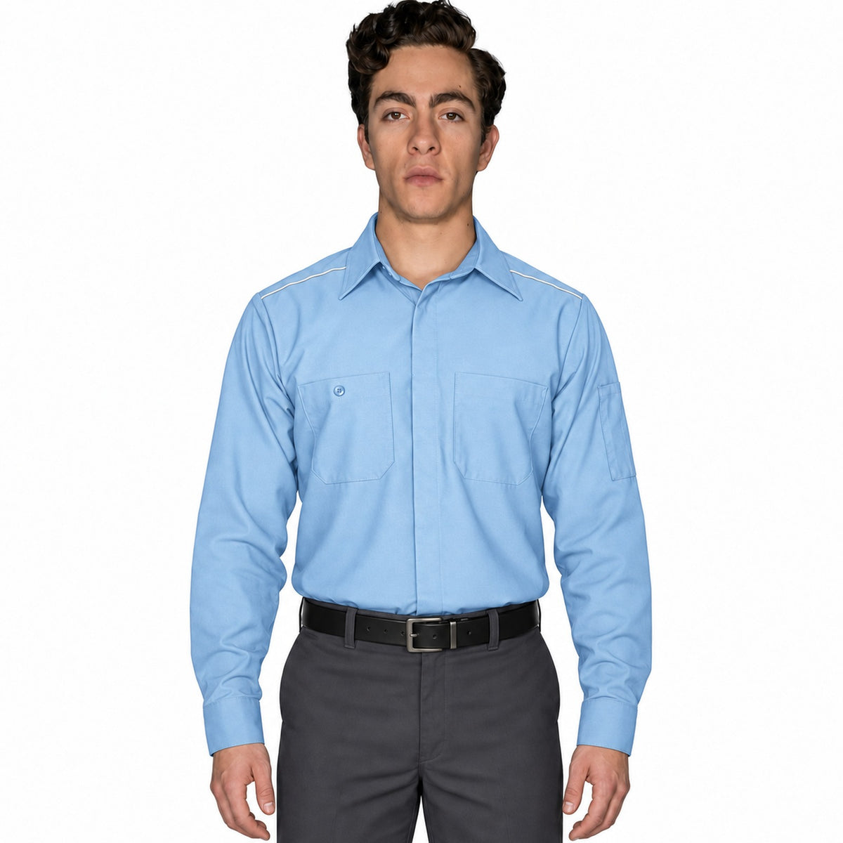 Camisa de trabajo Red Kap SP3A para hombre azul cielo, frontal fajada | color:azul-cielo