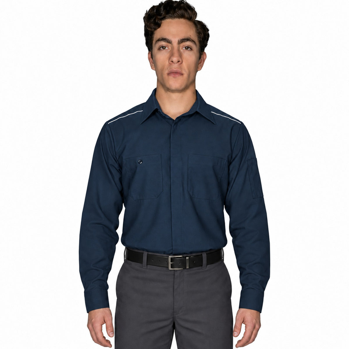 Camisa de trabajo Red Kap SP3A para hombre azul marino, frontal fajada | color:azul-marino