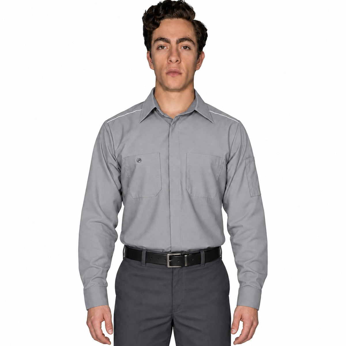 Camisa de trabajo Red Kap SP3A para hombre gris, frontal fajada | color:gris