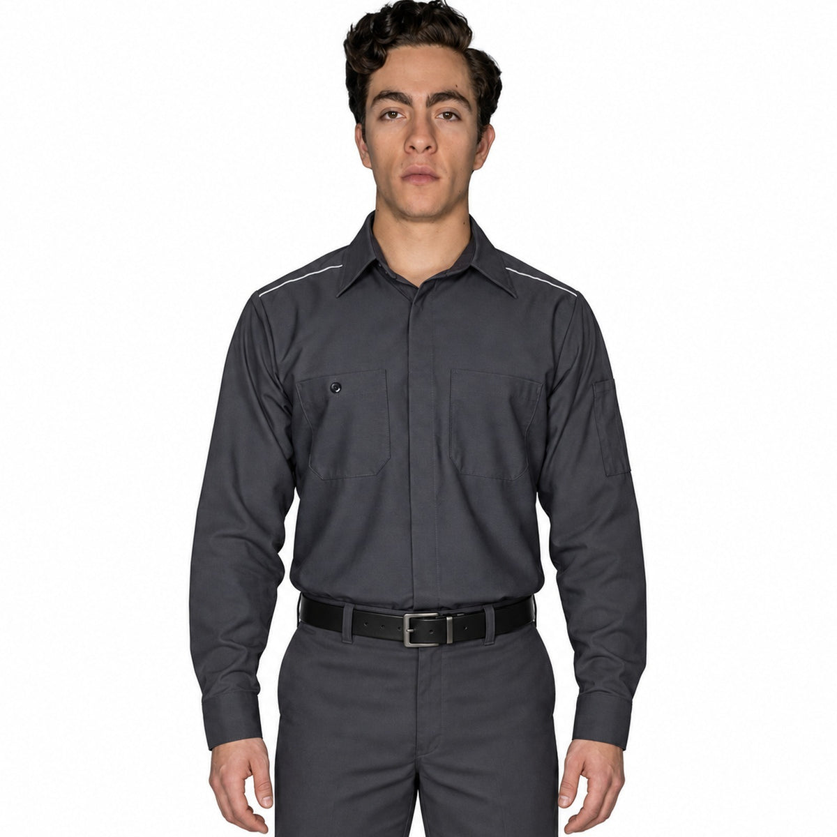 Camisa de trabajo Red Kap SP3A para hombre gris oxford, frontal fajada | color:gris-oxford