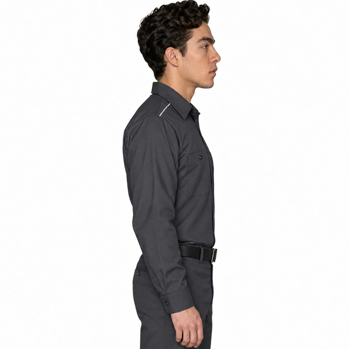 Camisa de trabajo Red Kap SP3A para hombre gris oxford, perfil derecho fajada | color:gris-oxford