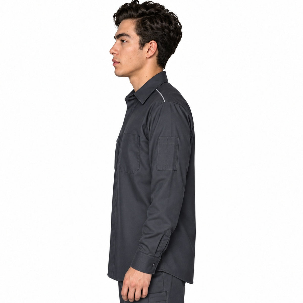 Camisa de trabajo Red Kap SP3A para hombre gris oxford, perfil izquierdo desfajada | color:gris-oxford