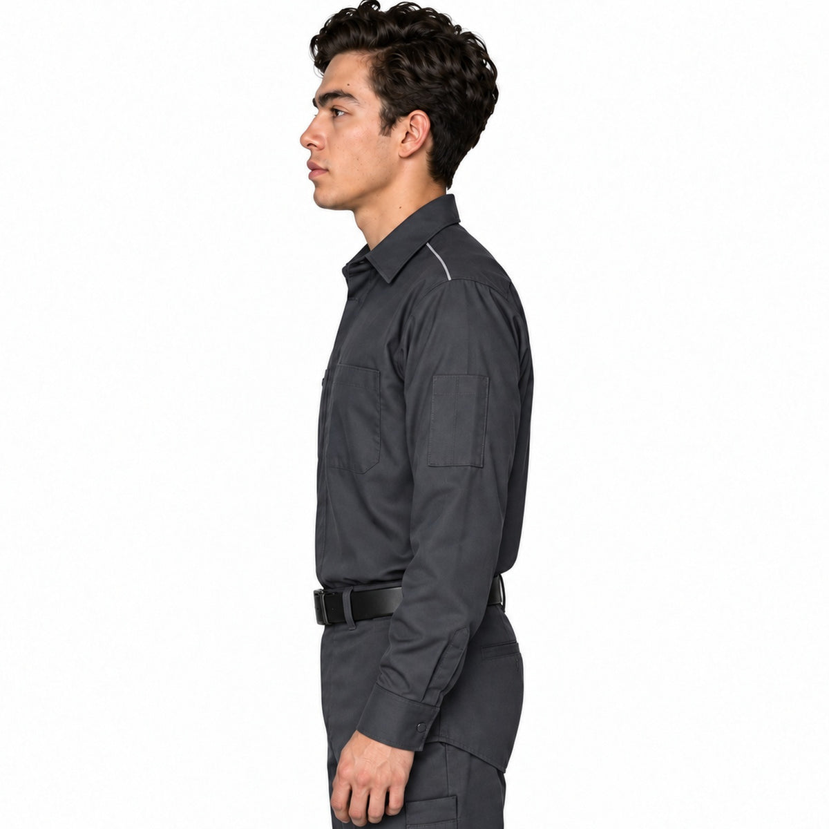 Camisa de trabajo Red Kap SP3A para hombre gris oxford, perfil izquierdo fajada | color:gris-oxford