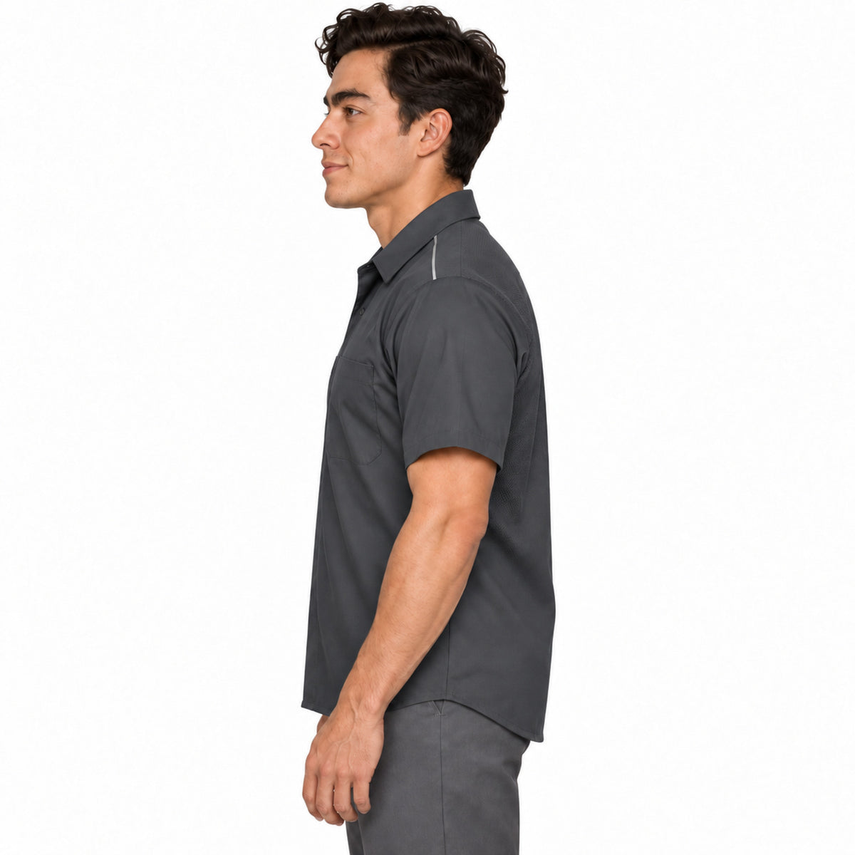 Red Kap SP4A camisa de trabajo para hombre color gris oxford, perfil izquierdo desfajada | color:gris-oxford