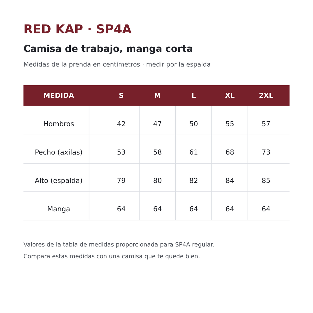 Tabla de medidas Red Kap SP4A regular hombre tallas S a 2XL en centímetros | color:todos