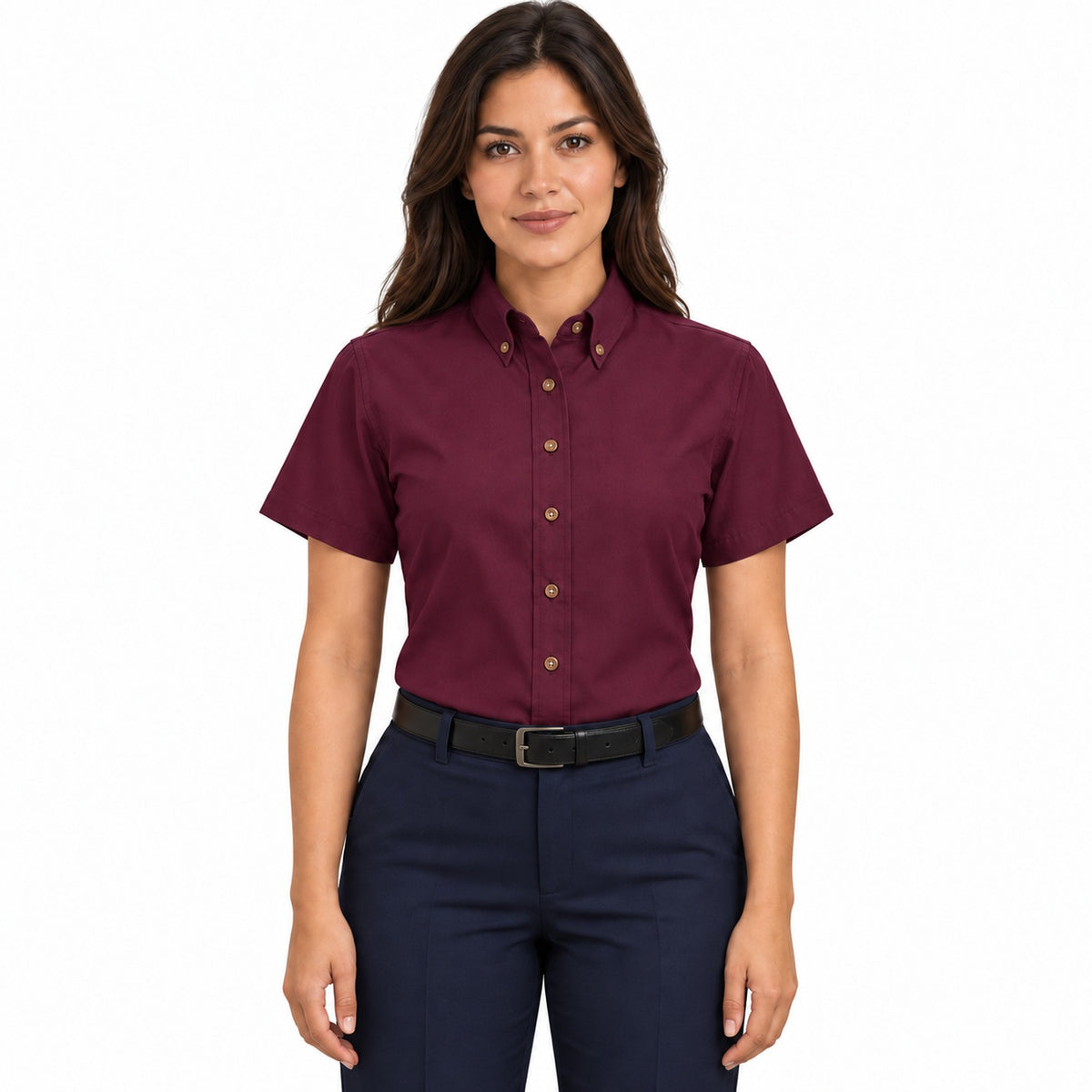Blusa Red Kap SP81 mujer vino, frontal fajada | color:vino