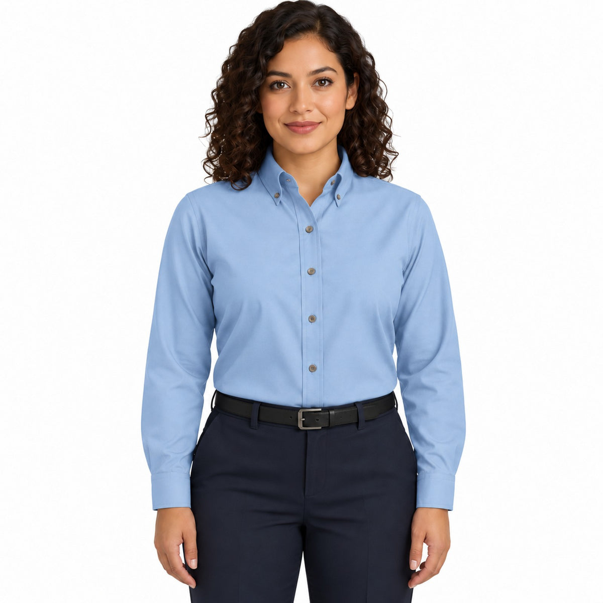 Blusa Red Kap SP91 manga larga mujer color azul cielo, vista frontal fajada | color:azul-cielo