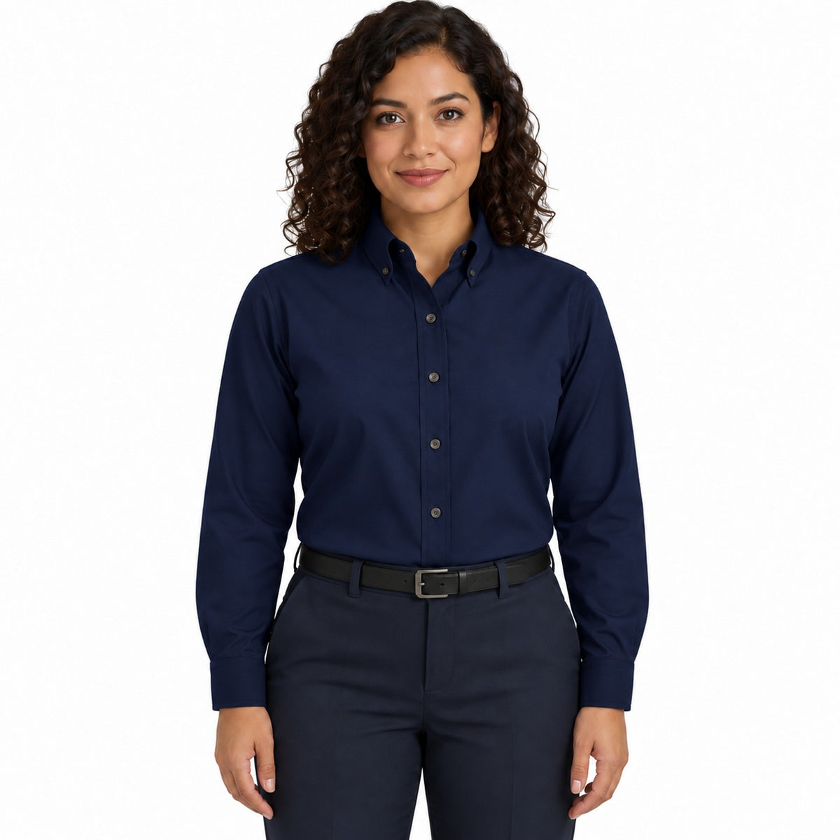 Blusa Red Kap SP91 manga larga mujer color azul marino, vista frontal fajada | color:azul-marino
