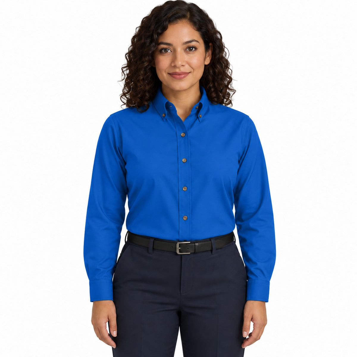 Blusa Red Kap SP91 manga larga mujer color azul rey, vista frontal fajada | color:azul-rey