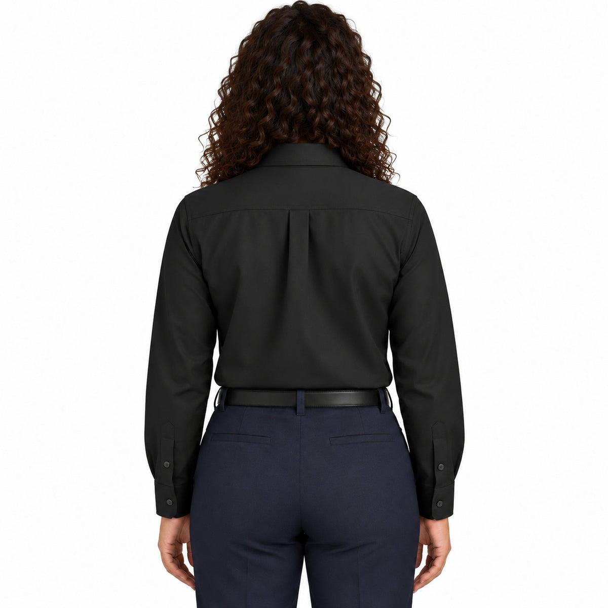 Blusa Red Kap SP91 manga larga mujer color negra, vista espalda fajada | color:negra