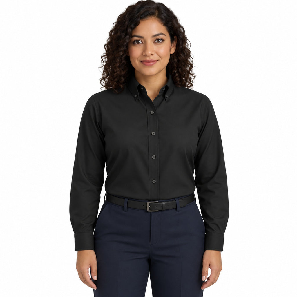Blusa Red Kap SP91 manga larga mujer color negra, vista frontal fajada