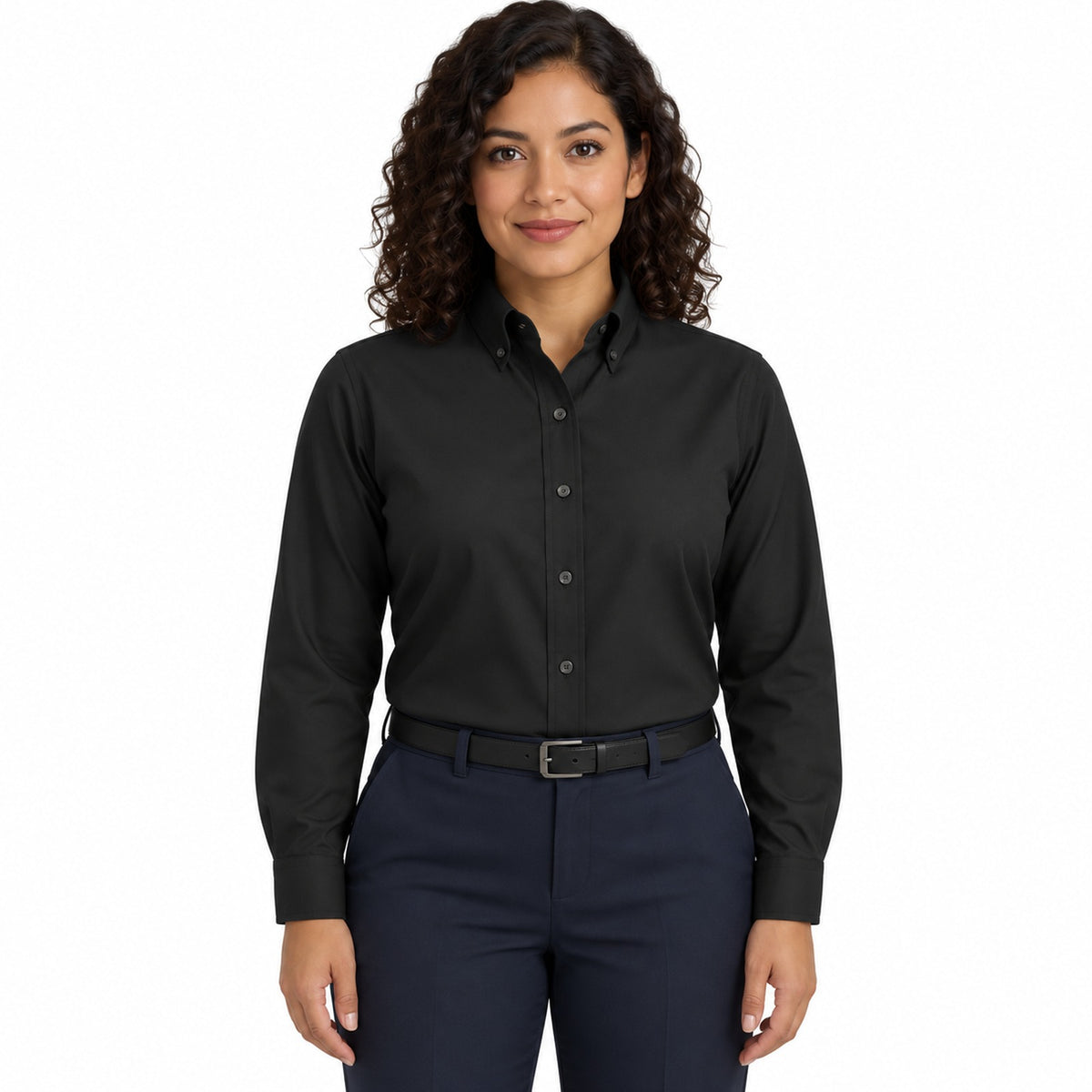 Blusa Red Kap SP91 manga larga mujer color negra, vista frontal fajada | color:negra