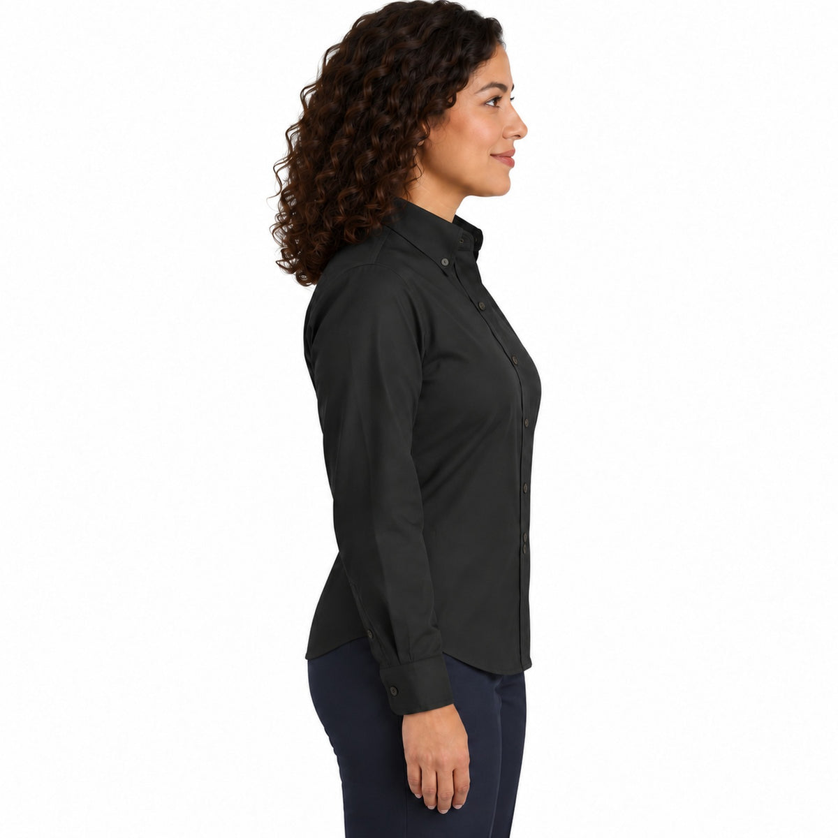 Blusa Red Kap SP91 manga larga mujer color negra, vista perfil derecho desfajada | color:negra
